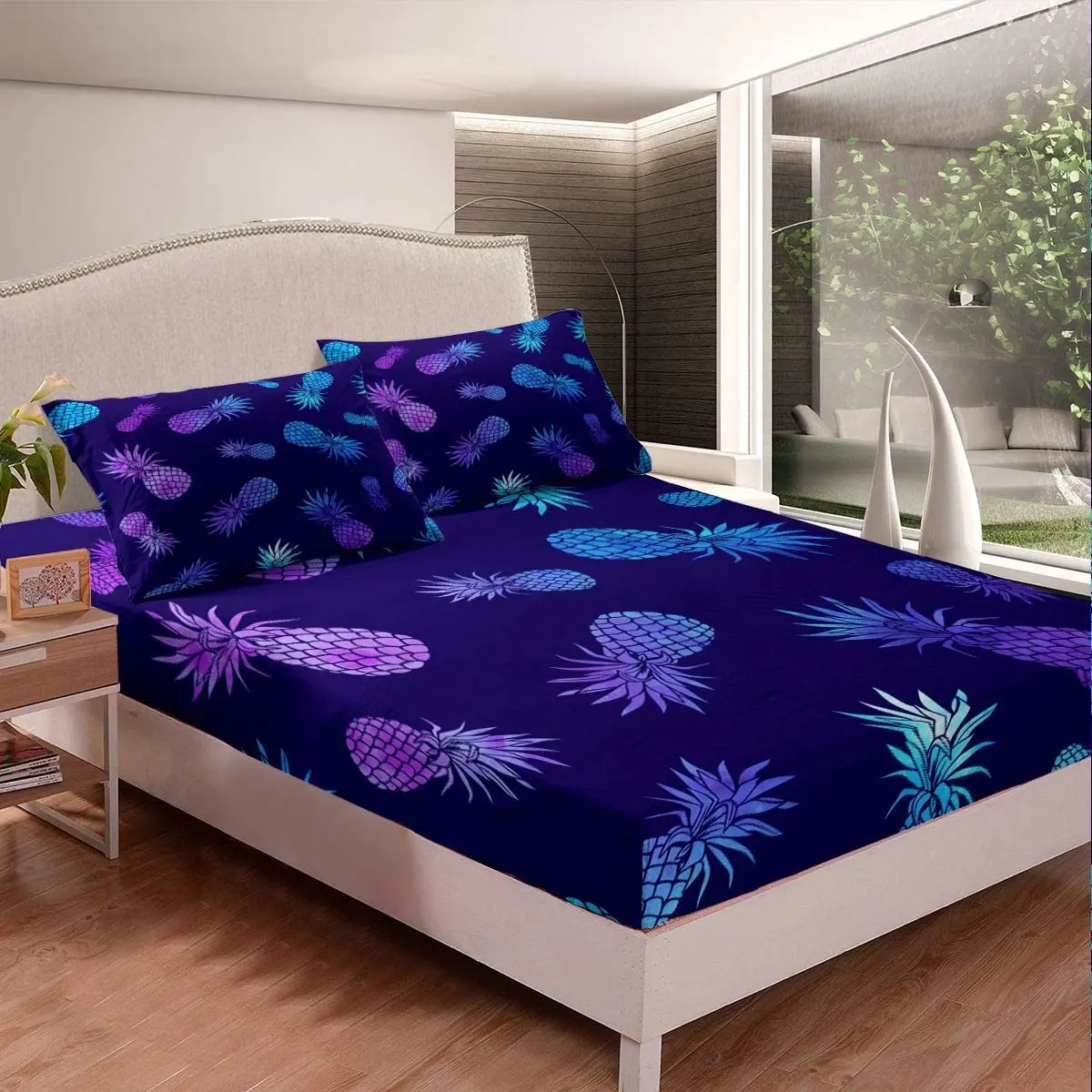 Fruit Print Bedding Set Pineapple Bed Sheet Set Tropical Purple Blue Pineapple - £35.35 GBP+
