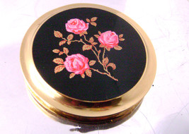 Vintage Enamel Pink Gold Roses Compact Boots Black Gold Tone Unused - $17.00