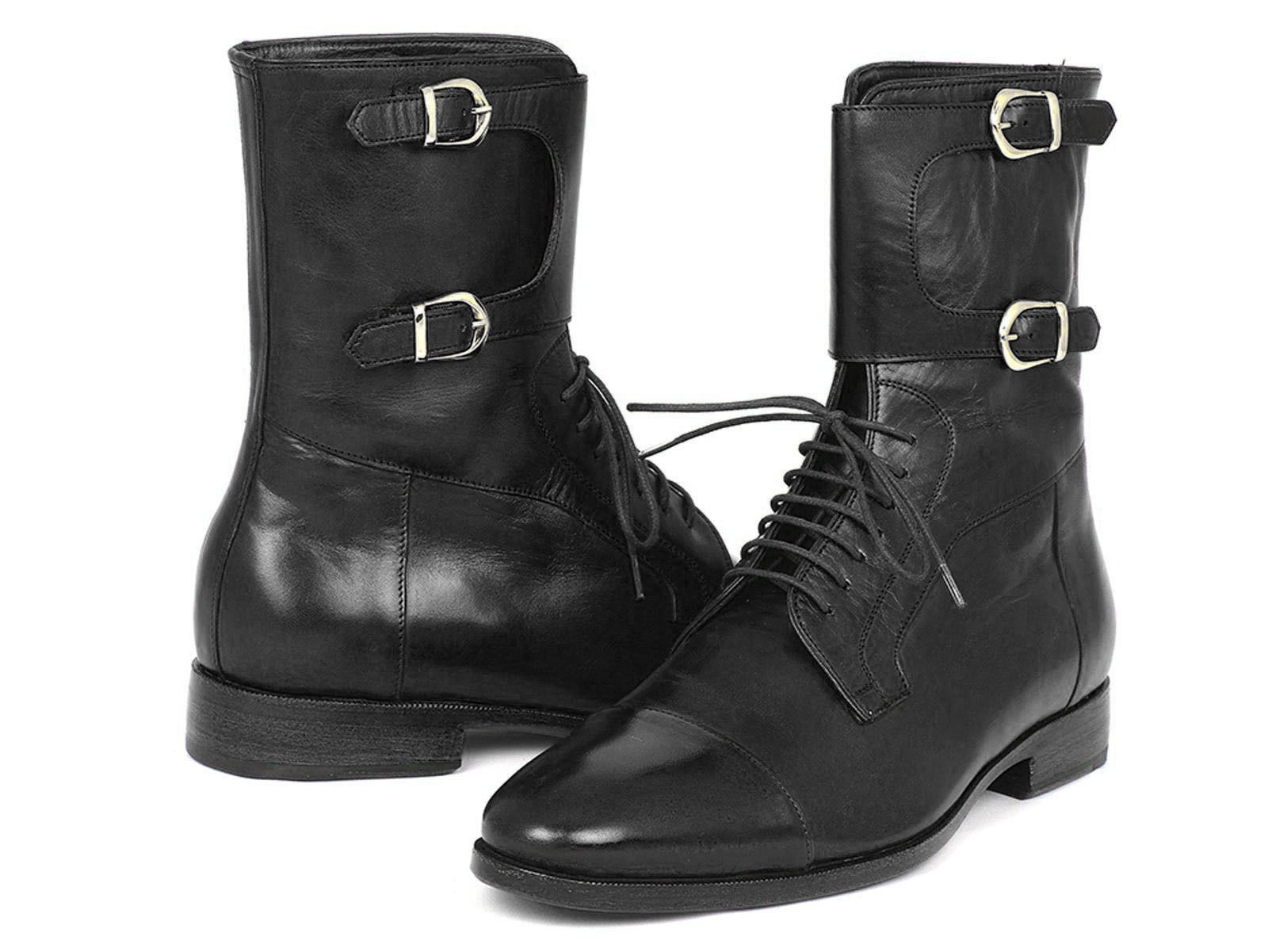 Men Black Cap Toe Monk Double Buckle Straps Lace Up Leather Ankle Boot US 7-16