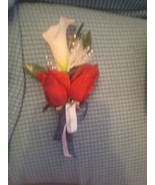 Boutonniere- calla lily,  Red fabric rose,pin, Silver &amp; Navy Ribbons, Fa... - $10.80