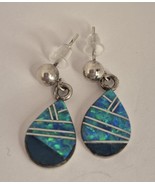 Navajo Sterling Earrings Dangle Turquoise Opal Inlaid Native American 1&quot; - $1,094.95 MXN