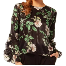 H&amp;M Floral Top Black Green Size 4 Blouse Ruffle Long Sleeve Sheer Round ... - £23.28 GBP