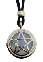 Pentacle Moon Locket Opalite Necklace Silver Pendant Gemstone Crystal Bead Cord - $8.72