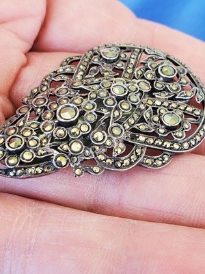 Vintage Art Deco Sterling Silver 935 Diamond Cut Marcasite Large Pin Brooch Clip Item image 13