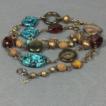 Vintage Blue Beads Shell Necklace Premier Designs 28&quot; Gold Tone Acrylic Bead - £11.95 GBP