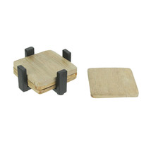 Set of 4 Wood Square Coasters Metal Holder Rustic Home Decor Drink Cup A... - $19.91