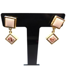 Vintage Clip-on Earrings Women Fashion Decorated Tile Dangle Drop Gold T... - $8.42