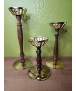 Candlesticks Brass Tone and Wood MCM Japan Grouping of 3 Graduated Heigh... - $50.95 CAD