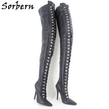 Custom Crotch Thigh High Boots For Thick Thighs Plus Size 46 Lace Up High Heel S - £224.70 GBP