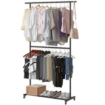 Double Rod Clothing Garment Rack, Rolling Clothes Organizer On Wheels Fo... - £41.75 GBP