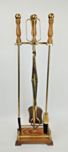 Vintage Oak Wood &amp; Brass Companion Fireplace Tools Set MCM 4 Px w/Stand ... - $148.49