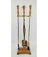 Vintage Oak Wood &amp; Brass Companion Fireplace Tools Set MCM 4 Px w/Stand ... - $2,716.29 MXN