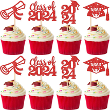 Graduation Cap Cupcake Toppers 24 PCS Glitter Diploma Grad Cap Class of 2024 Cup - £13.13 GBP