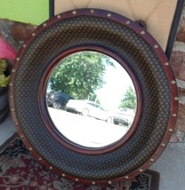 Decorative Round Mirror Nail Head Trim Coated Canvas &amp; Beveled Mirror 32&quot; - $371.25