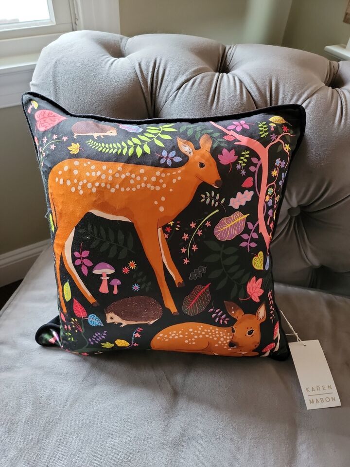 Primary image for Karen Mabon Cushion Pillow Flora Fawn Forest Animal 17" x 17" Silk NWT!