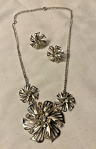 Mid Century Silvertone Rhinestone Necklace and Earrings Set Floral MOD - £15.14 GBP