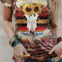 NEW! Trendy Cow Skull Western Boho Style Women&#39;s T Shirt Floral Aztec Southwest - £21.60 GBP