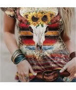 NEW! Trendy Cow Skull Western Boho Style Women&#39;s T Shirt Floral Aztec So... - £21.19 GBP