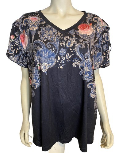 Pixie Lady Navy and Pink Floral and Paisley Print V neck Short Sleeve To... - $14.24