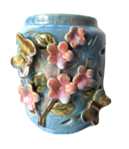 Moriage Butterfly Flowers Cutout Luminary Cherry Blossom Blue Ceramic Drip Glaze - £39.86 GBP