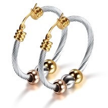 Fashion Korean Gold Big Hoop Earrings With Three Beads Round Circle Stainless St - £8.31 GBP