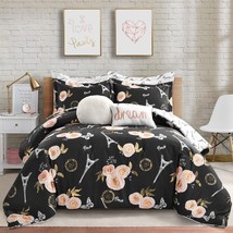 Lush Decor Black Vintage Paris Rose Butterfly 7-Piece Comforter Bed, Full/Queen - £103.93 GBP