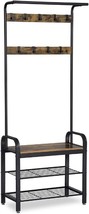 Benjara Metal And Wood Framed Coat Rack With Multiple Hooks And, Brown And Black - £35.31 GBP