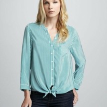 JOIE Sz Medium Top Womens Green White Stripe Edaline Tie Hem 100% Silk Blouse - £31.64 GBP