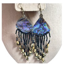 Vintage Abalone Shell &amp; Beaded Dangle Earrings Black &amp; Beige Dangle Bead... - $23.36
