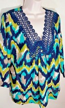 T Renz Theresa Rena Crochet V Neck Linen Boho Tunic Blouse Green Navy Sz XL NWOT - £11.79 GBP