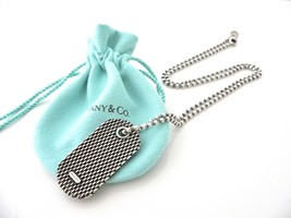 Tiffany &amp; Co Dog Tag Necklace Textured Beaded 20 in Chain Silver Love Gift Pouch - £342.12 GBP