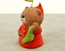Jasco Christmas Bell Ornament, Lil' Chimers, Bear in Red PJs, Bisque Porcelain - $9.75