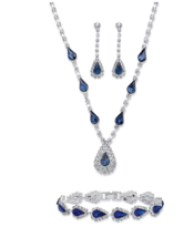 Pear Cut Simulated Blue Sapphire Halo Drop Earrings Necklace Bracelet Silvertone - £102.71 GBP