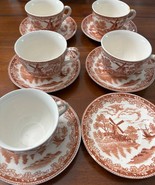 Vtg Set  Brown White Transferware Cups Saucers Windmill Sailboat Scene J... - $569.53 MXN