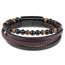 Fashion Natural Stone Beads Bracelet Multilayer Genuine Leather Braided Bracelet - £11.61 GBP