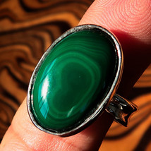 Minimalist mirror polished Green Oval Malachite Sterling Silver Ring - Size 10 - £56.83 GBP