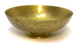Engraved Thick Brass Bowl Ornate Oriental Asian Dragon Footed Signed Vintage - £35.02 GBP