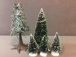 Lot Of 5 Department 56 Flocked Frosted Christmas Trees Bottle Brush Sisal - £36.65 GBP