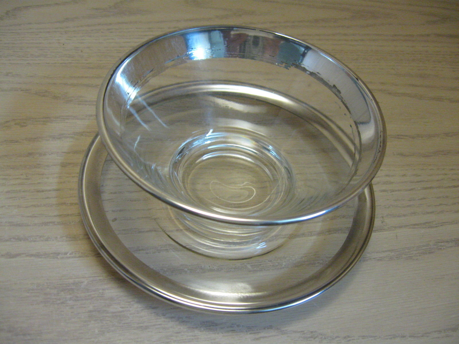 Dip Bowl With Under Plate Clear Glass with Silver Tone Rim Dorothy Thorpe?? 1950 - $12.95