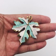 Colorful Maple Leaf Sparkly White &amp; Turquois Gold Tone Brooch Pendent 2&quot;x2 1/8&quot; - £6.86 GBP