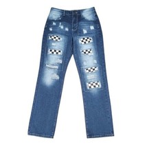 Checkered Patchwork Straight Leg Jeans Womens Size Small Distressed Blue - $29.69