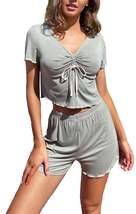 RH Pajamas Sets Short Sleeve Drawstring Front Sleep Womens V-neck PJ RHW... - $16.99