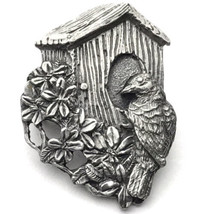 Signed BIRD&#39;S &amp; BLOOM 1997 Birdhouse with Bird &amp; Flowers Pin Pewter - £8.64 GBP