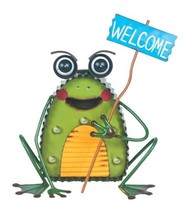 Solar Frog Figurine Metal LED 12" High Holding Welcome Sign Green Porch Garden image 1