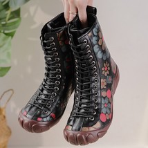 New Vintage Mother Flat Genuine Leather Ankle Boot for Women Cowhide Lace-Up Win - £73.44 GBP