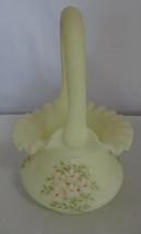 Fenton Art Glass Handpainted Pink Anemone Flower on Custard Uranium Glass Basket - $99.00