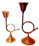 Brass French Horn Candlestick Holders 10 1/2&quot; &amp; 13&quot; Tall Regency Set Of ... - $19.20 CAD