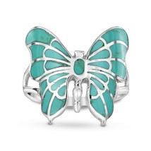 Exotic Graceful Butterfly Green Turquoise Inlay Sterling Silver Ring-11 - £17.87 GBP