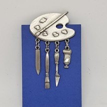 J Jonette Artist&#39;s Palette Brooch with Painting Dangles Pewter Silver Tone Pin - £15.65 GBP