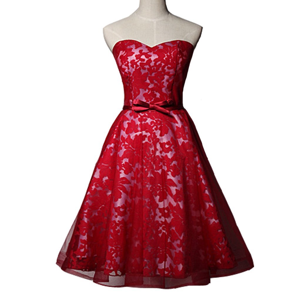 Kivary Lace Short A Line Sash Prom Dresses Homecoming Cocktail Party Gowns Red U